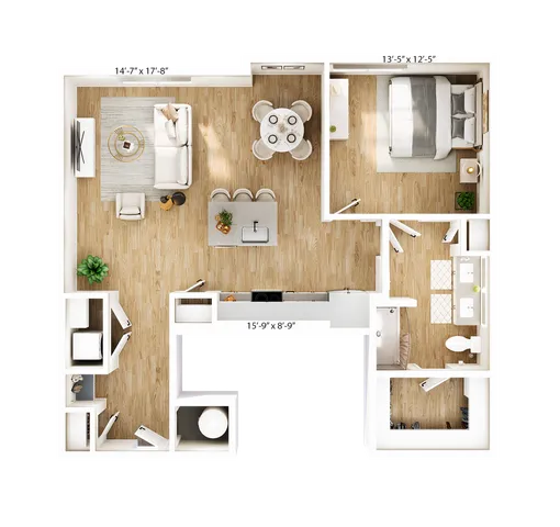 Modern floor plan showcasing an elegant 1-bedroom apartment with a spacious open-concept living area, island kitchen, cozy dining nook, and stylish bathroom.