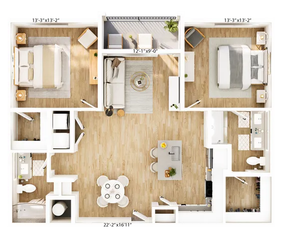 Modern floor plan showcasing two spacious bedrooms, a cozy living area, open kitchen with island, and a balcony. Perfect blend of style and functionality.