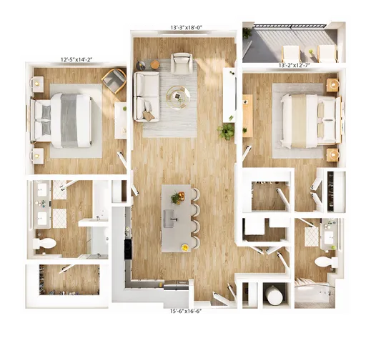 Inviting floor plan showcasing two spacious bedrooms, a modern open-concept kitchen with island seating, a cozy living space, and an elegant dining area, complemented by a private balcony.