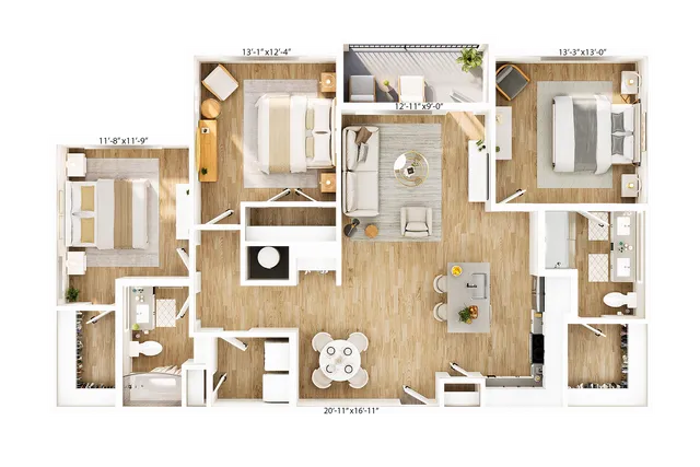 Elegant 3-bedroom floor plan with open-concept living area, modern kitchen, and private balcony, designed for comfort and style.
