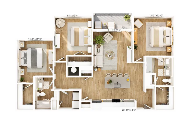 Modern apartment floor plan featuring two spacious bedrooms, an elegant open kitchen, cozy living area, and private balcony.
