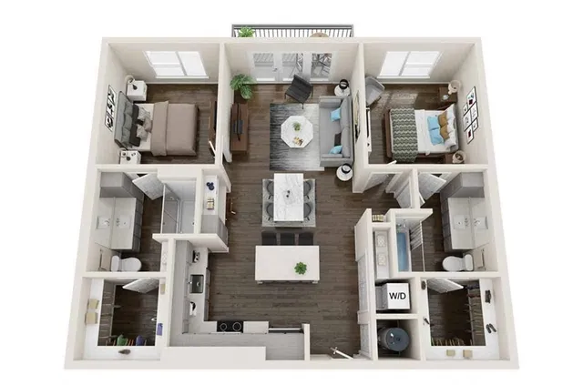 Modern 3D apartment layout featuring 2 bedrooms, a cozy open-plan living and dining area, and a stylish kitchen with island. Includes two bathrooms, a convenient laundry area, and a balcony for outdoor relaxation.