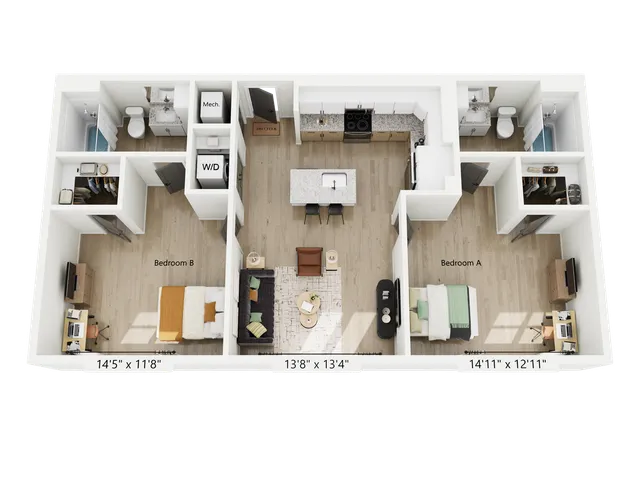 Contemporary 3D floor plan showcasing 2 bedrooms, inviting open living space, and modern kitchen with island, ideal for urban living.