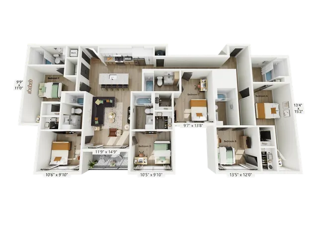 Modern 3D floor plan featuring five bedrooms, a spacious open-concept living area, and a sleek kitchen ideal for families.