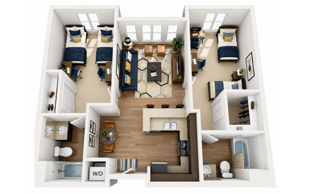 Contemporary apartment floor plan with two bedrooms, an inviting living room, sleek kitchen, and two modern bathrooms.