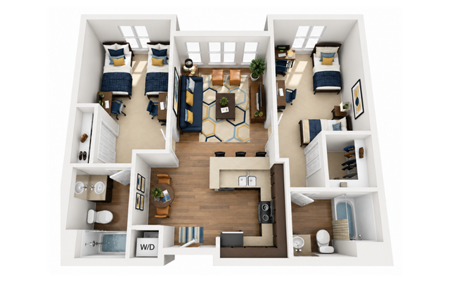 Modern 3D floor plan showcasing two cozy bedrooms, a spacious living room, stylish kitchen, and elegant bathrooms, perfect for contemporary living.