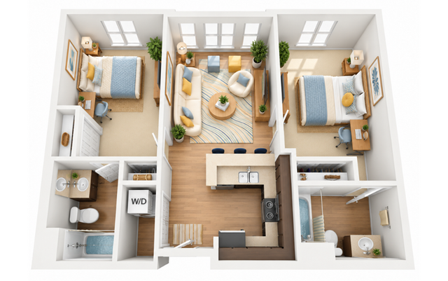Modern and inviting 3D floor plan featuring 2 cozy bedrooms, a stylish open-concept living area, and a well-equipped kitchen with breakfast bar seating. Includes two bathrooms and a convenient in-unit laundry space.
