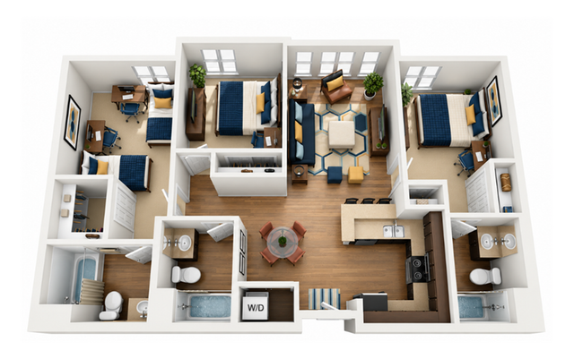 Inviting 3D floor plan showcasing 3 bedrooms, elegant open-concept living space, modern kitchen, and two luxurious bathrooms.