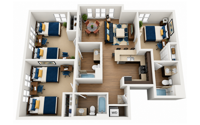 Spacious 3D apartment floor plan showcasing 4 bedrooms, open-concept living and dining area, modern kitchen with island, and multiple bathrooms. Ideal layout for comfortable living.