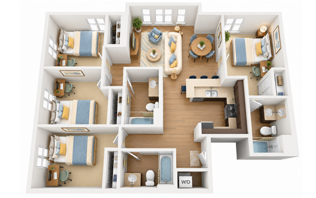 Inviting 3D floor plan showcasing three elegant bedrooms, a stylish open-concept kitchen and living room, two modern bathrooms, and a charming dining area, perfect for families seeking comfort and luxury.