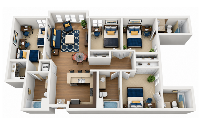 Spacious 3D floor plan featuring 3 elegant bedrooms, modern kitchen with island, cozy living area, and two full bathrooms, designed for comfort and functionality.