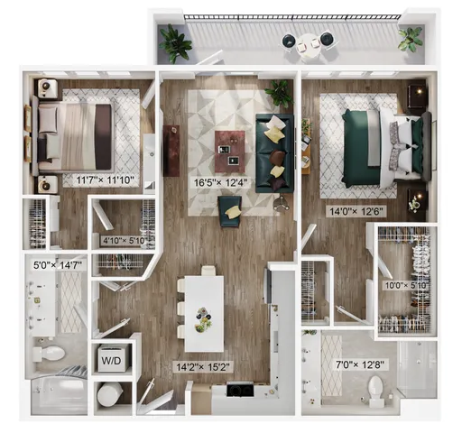 Contemporary 2D floor plan with two bedrooms, spacious living room, and modern kitchen.