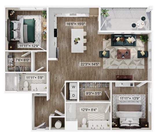 3D floor plan with two bedrooms, two bathrooms, open kitchen and living area, and balcony.