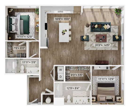 Modern floor plan showcasing 2 bedrooms, a spacious living room, open kitchen, and bathrooms with ample storage.