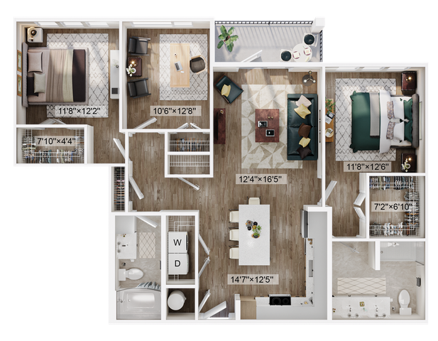 Contemporary 2D floor plan showcasing 3 bedrooms, open living space, and modern kitchen design.