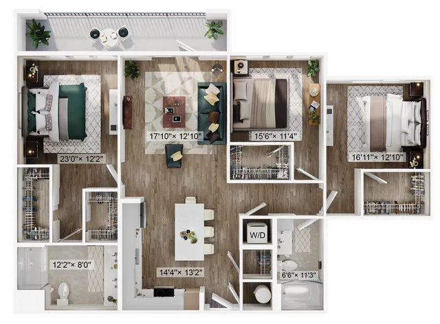Elegant 3-bedroom 2D floor plan with open living area and modern kitchen.