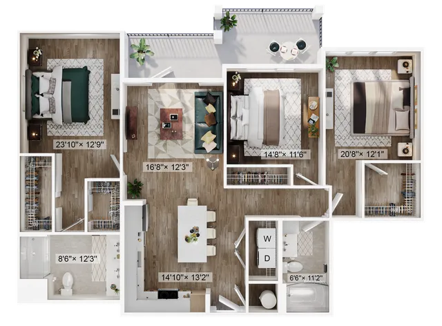 Spacious floor plan with three bedrooms, an open living room, and modern kitchen layout.