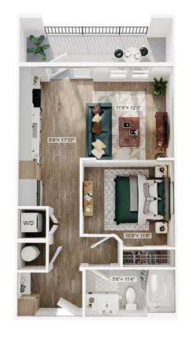 Modern floor plan showcasing 1 spacious bedroom, open living area, and a functional kitchen with a balcony view.