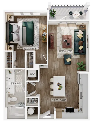 Detailed floor plan showing a 1-bedroom apartment with an open living area, modern kitchen, and balcony.