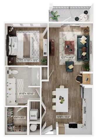 Modern floor plan showcasing one bedroom, elegant living area, bathroom, and kitchen.