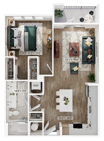 Chic floor plan featuring a spacious bedroom, open living room, modern kitchen, and elegant balcony.