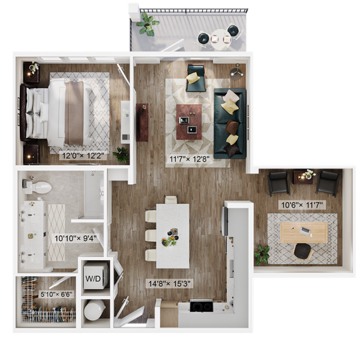 Stylish 2D floor plan with one bedroom, open-concept living room, dining area, and a modern kitchen.
