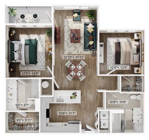Sleek 2D floor plan with 2 bedrooms, open living and dining areas, and a modern kitchen.