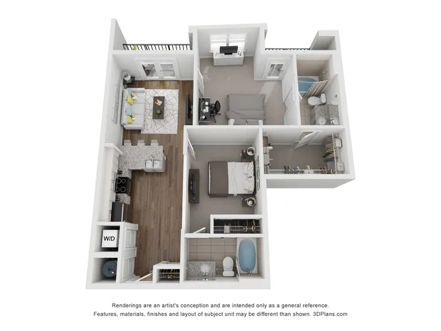 3D floor plan of a modern apartment featuring two bedrooms, a living area, open kitchen, and two bathrooms.