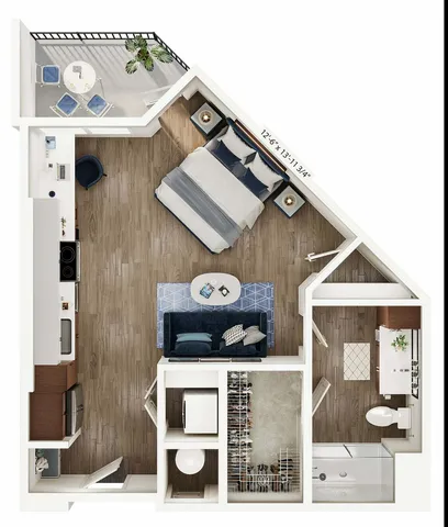 Modern 1-bedroom apartment floor plan with open living area, sleek kitchen, and balcony.