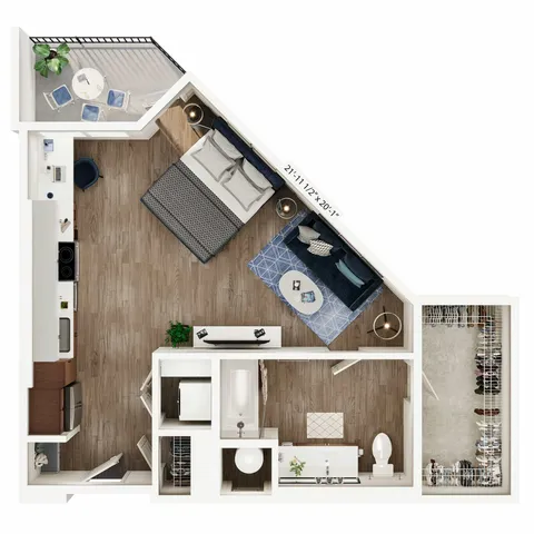 Innovative floor plan of a modern studio apartment with open living space, kitchen, and balcony.