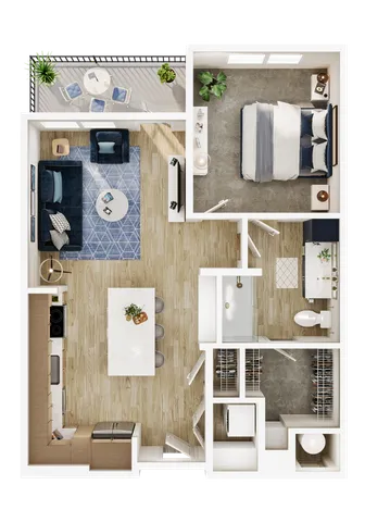 Detailed 3D floor plan of a stylish one-bedroom apartment with open-concept living and dining area, balcony, and modern kitchen.