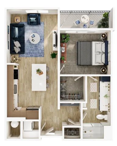 Modern 1-bedroom apartment with open-concept living, sleek kitchen, and balcony.