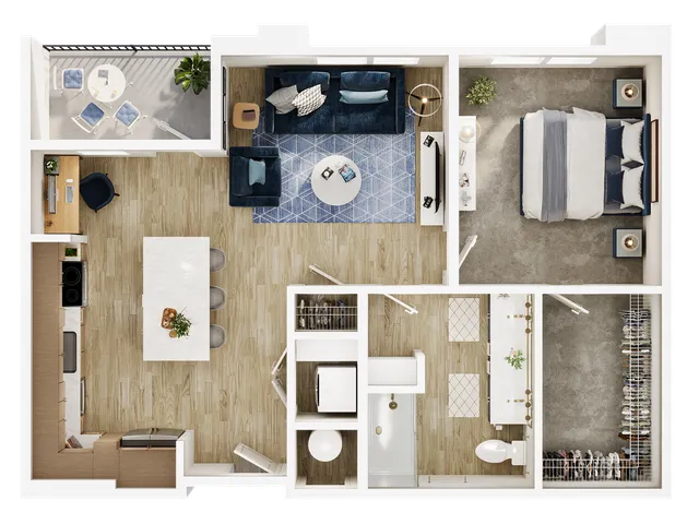 Modern 1-bedroom apartment floor plan with open kitchen, cozy living room, and spacious balcony.