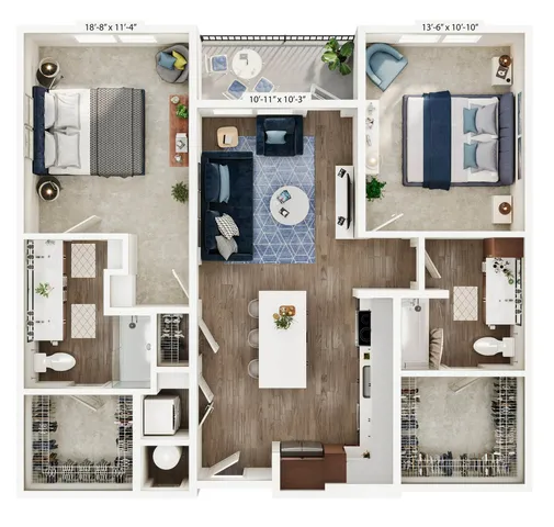 Sophisticated floor plan featuring two bedrooms, a spacious living area, modern kitchen, and a balcony.