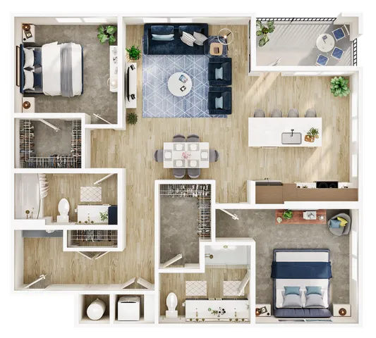 3D floor plan showcasing 2 bedrooms with en-suite bathrooms, open-concept living and dining area, and modern kitchen with island seating.
