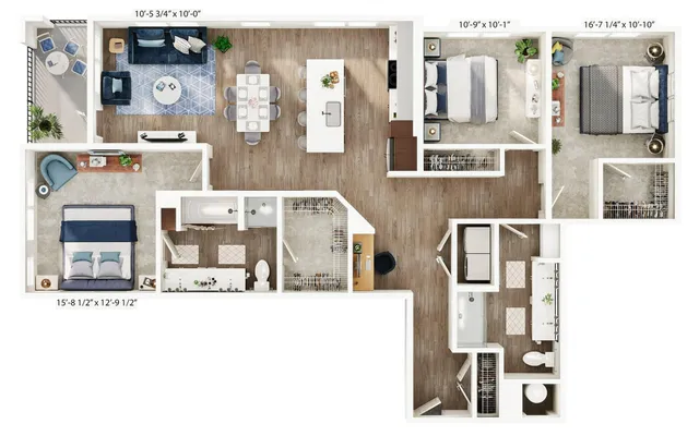 Stylish floor plan featuring 3 bedrooms, a modern kitchen, and an open living and dining area.