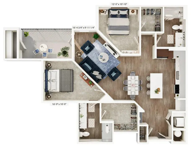 Contemporary 3D floor plan with 2 bedrooms, an open living area, and a stylish kitchen.
