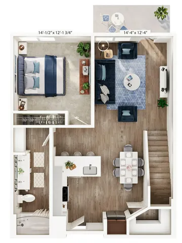 Chic 2D floor plan showcasing a one-bedroom layout with a modern kitchen and cozy living area.