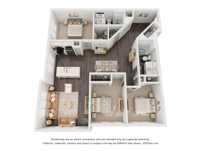 Elegant 3D floor plan showcasing a modern apartment with two bedrooms, a sleek kitchen with island, spacious living and dining areas, and two stylish bathrooms.