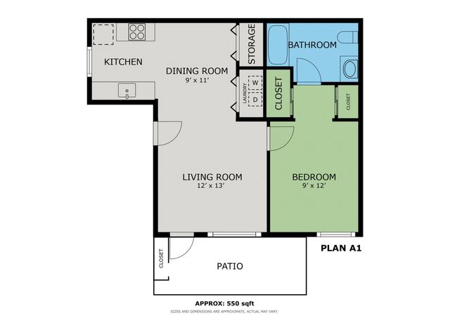 Efficient 2D floor plan showcasing a single bedroom, open living space, kitchen, and patio in 550 sqft.