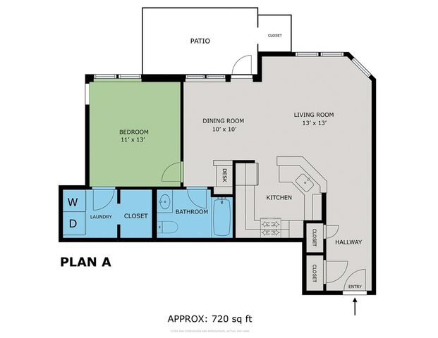 Elegant 2D floor plan showcasing one-bedroom layout with spacious living room, dining area, and patio.