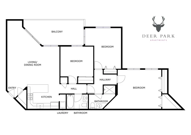 Modern floor plan of Deer Park Apartments showcasing 3 spacious bedrooms, an open living/dining area, functional kitchen, and a relaxing balcony. Includes two bathrooms and a convenient laundry room.
