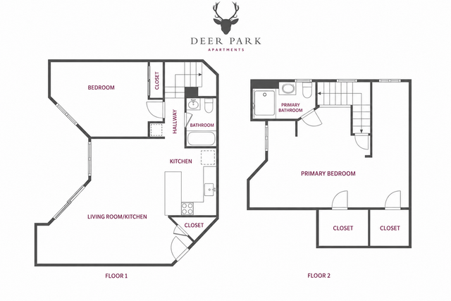 Chic Deer Park Apartments floor plan showcasing a two-level layout with one bedroom, living room, kitchen, and bathroom on the first floor, and a luxurious primary bedroom with ensuite bathroom on the second floor.