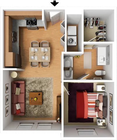 Modern 3D floor plan showcasing a cozy one-bedroom apartment with a stylish open kitchen, elegant living room, chic bathroom, and a walk-in closet.