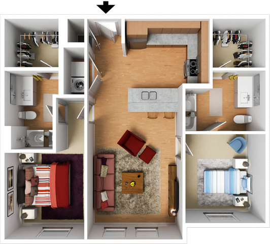 Modern 3D floor plan showcasing 2 bedrooms with plush carpets, an open living room with cozy seating, a sleek kitchen island, and 2 bathrooms with ample storage space. Ideal for contemporary urban living.