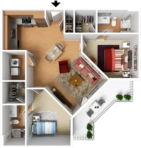 Charming floor plan featuring 2 bedrooms, cozy living room, modern kitchen, two bathrooms, and a welcoming balcony space.