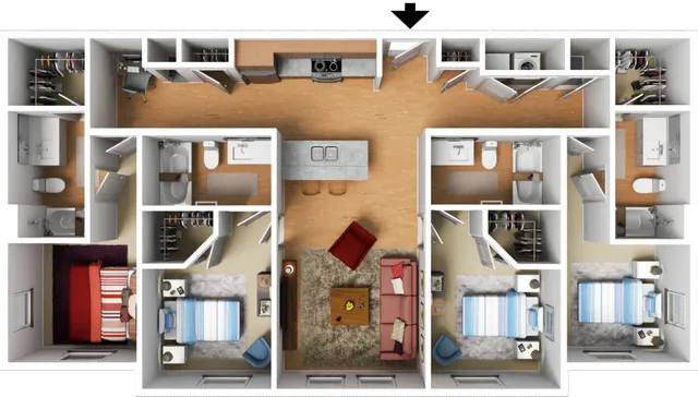 Charming 3D floor plan with 3 bedrooms, modern kitchen island, cozy living area, and multiple bathrooms, perfect for spacious living.
