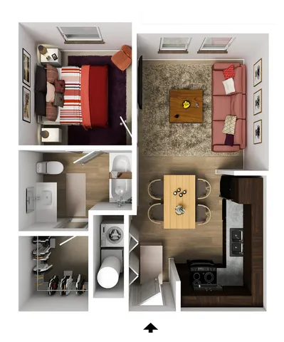 Chic 2D floor plan featuring a cozy 1-bedroom layout with an inviting open-concept living area, stylish kitchen, and modern bathroom.