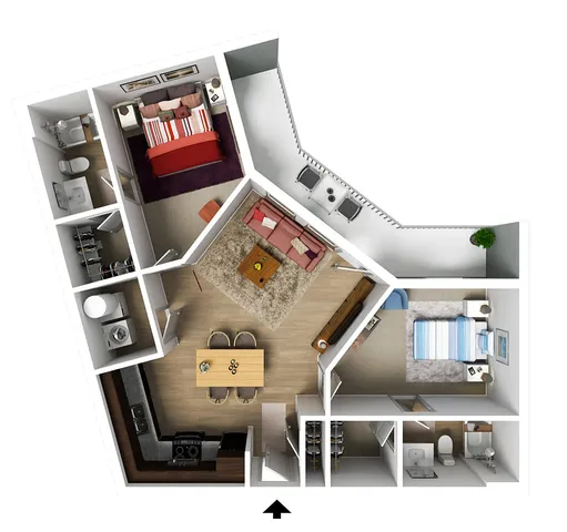 3D floor plan showcasing 2 bedrooms, chic open-plan living and dining area, and modern kitchen with stylish finishes.
