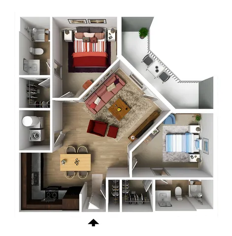Elegant 3D floor plan showcasing 2 bedrooms, a cozy living room, modern kitchen, and balcony seating area.
